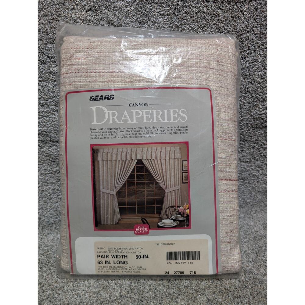 Vintage Pair of Sears Canyon Draperies 50” X 63” Roseblush 10 Pleats Made in USA